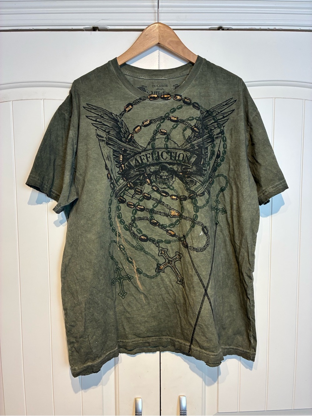 Affliction Men's Olive Green Winged Skull Graphic Tee Size XXL